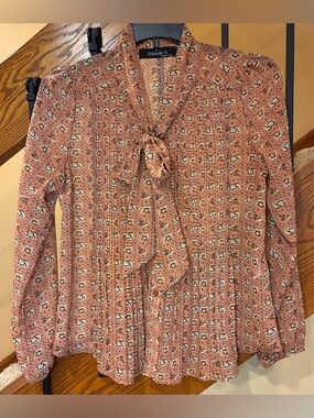 Mina UK Blouse Tie Scarf Front Pleated Button Rust Up SZ. Med